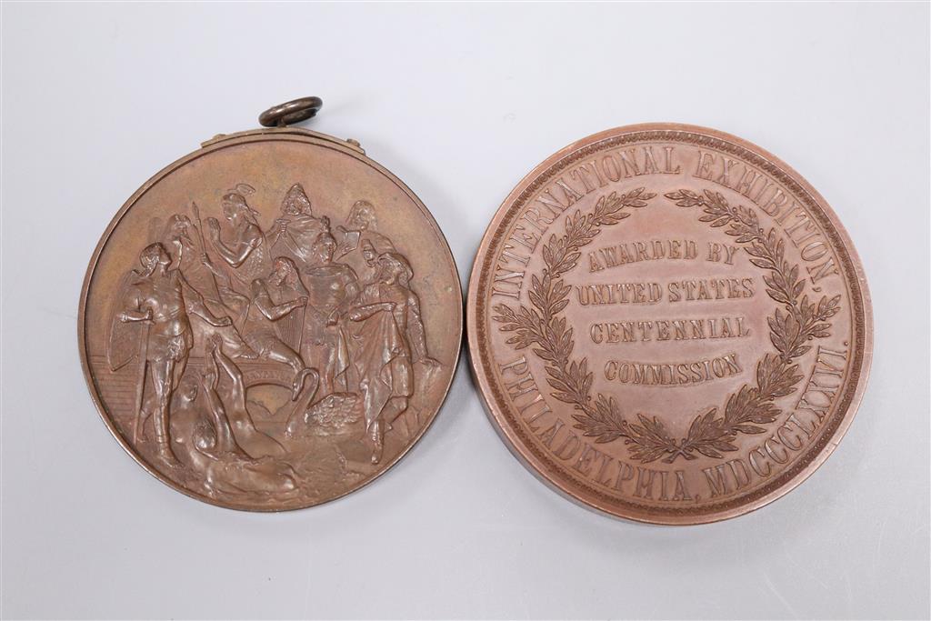 Two bronze medallions, Richard Wague and International Exhibition Philadelphine